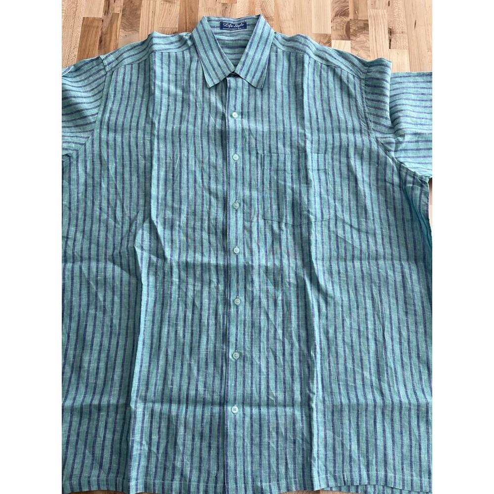 Men's Big & Tall Short Sleeve Button Down Shirt  Linen Blue Stripe 4X